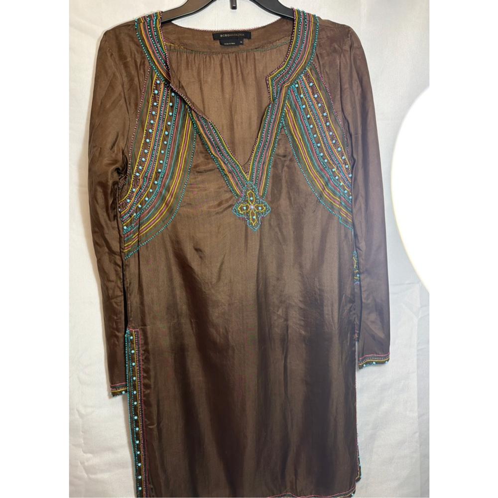 BCBG MAXAZRIA Beaded Bell Sleeve Silk Tunic Boho Resort Kaftan Festival XS